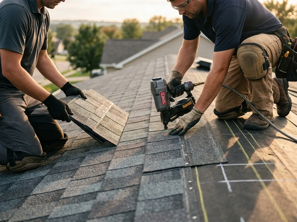 Professional roofer working on a residential roof in Zionsville